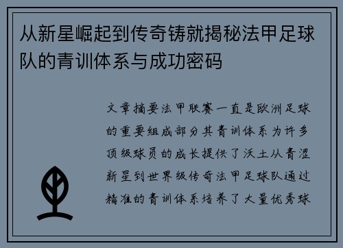 从新星崛起到传奇铸就揭秘法甲足球队的青训体系与成功密码