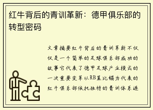 红牛背后的青训革新：德甲俱乐部的转型密码